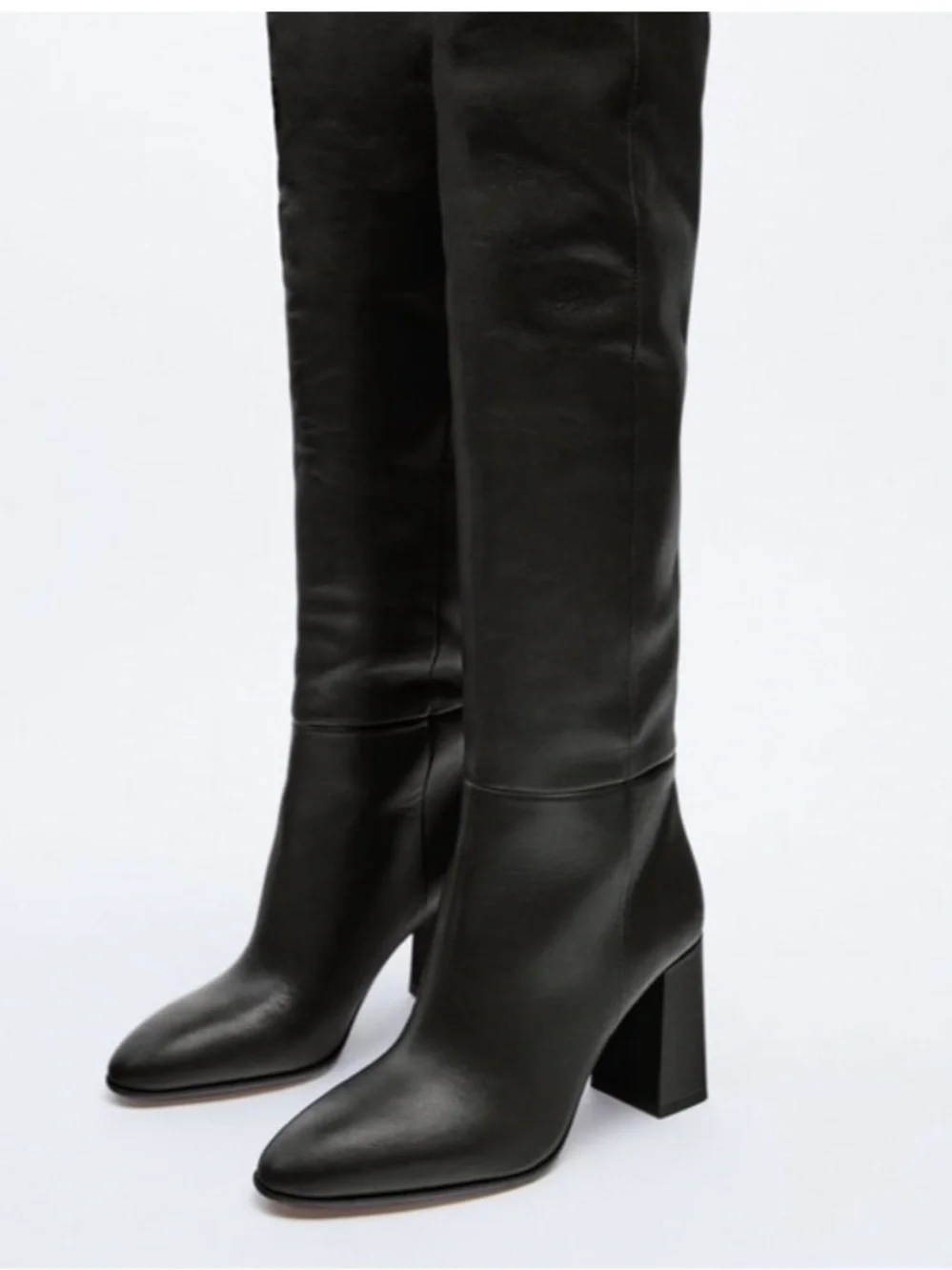 Real black leather Knee-High Block Heel Women's Boots